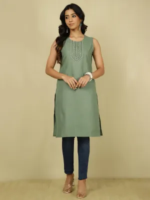 Green Embroidered Sleeveless Kurta