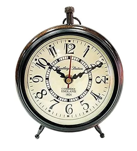 HANCRAFTY Clock Handicraft Table Desk Antique Wooden Wall Clock (Black, 6 Inches) Vintage Look Analog Table Clock, 10 cm Diameter, Black and Cream