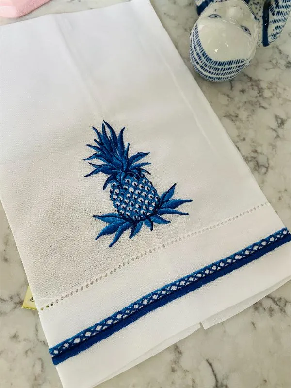 Hand Towel, Blue and White,  Pineapple Motif, Polished Cotton