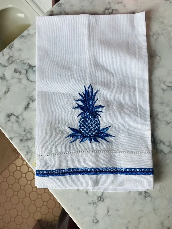 Hand Towel, Blue and White,  Pineapple Motif, Polished Cotton