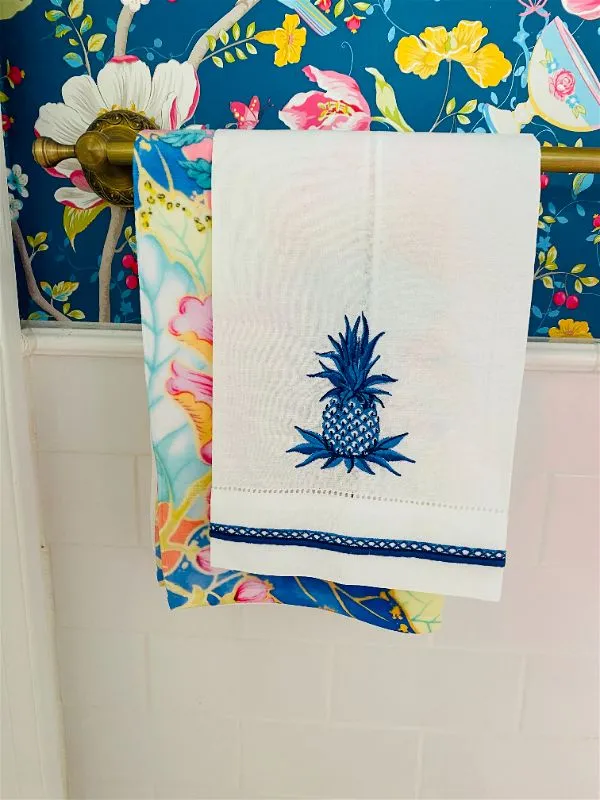 Hand Towel, Blue and White,  Pineapple Motif, Polished Cotton