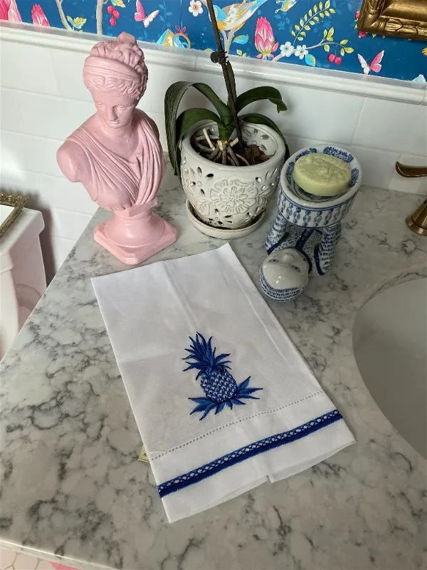 Hand Towel, Blue and White,  Pineapple Motif, Polished Cotton