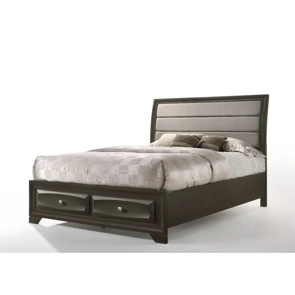 Hank Queen Bed w/Front Drawers, Gray Fabric & Antique Gray