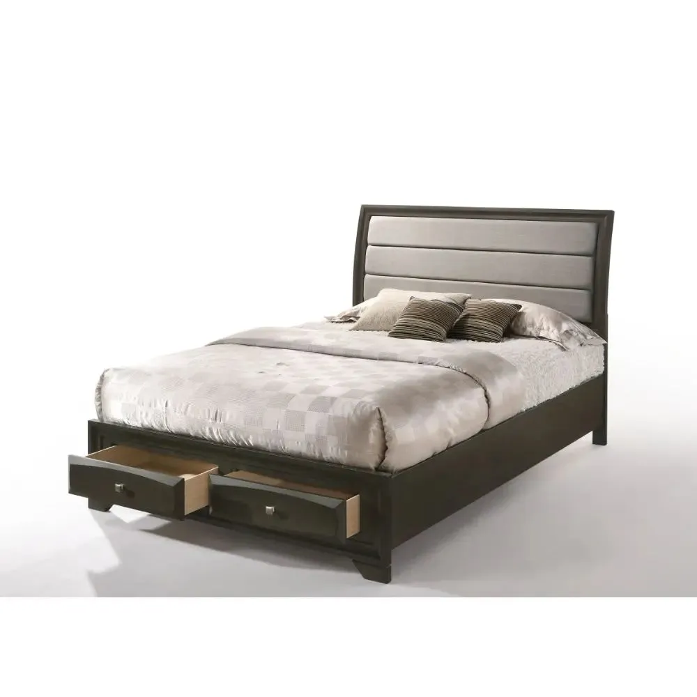 Hank Queen Bed w/Front Drawers, Gray Fabric & Antique Gray