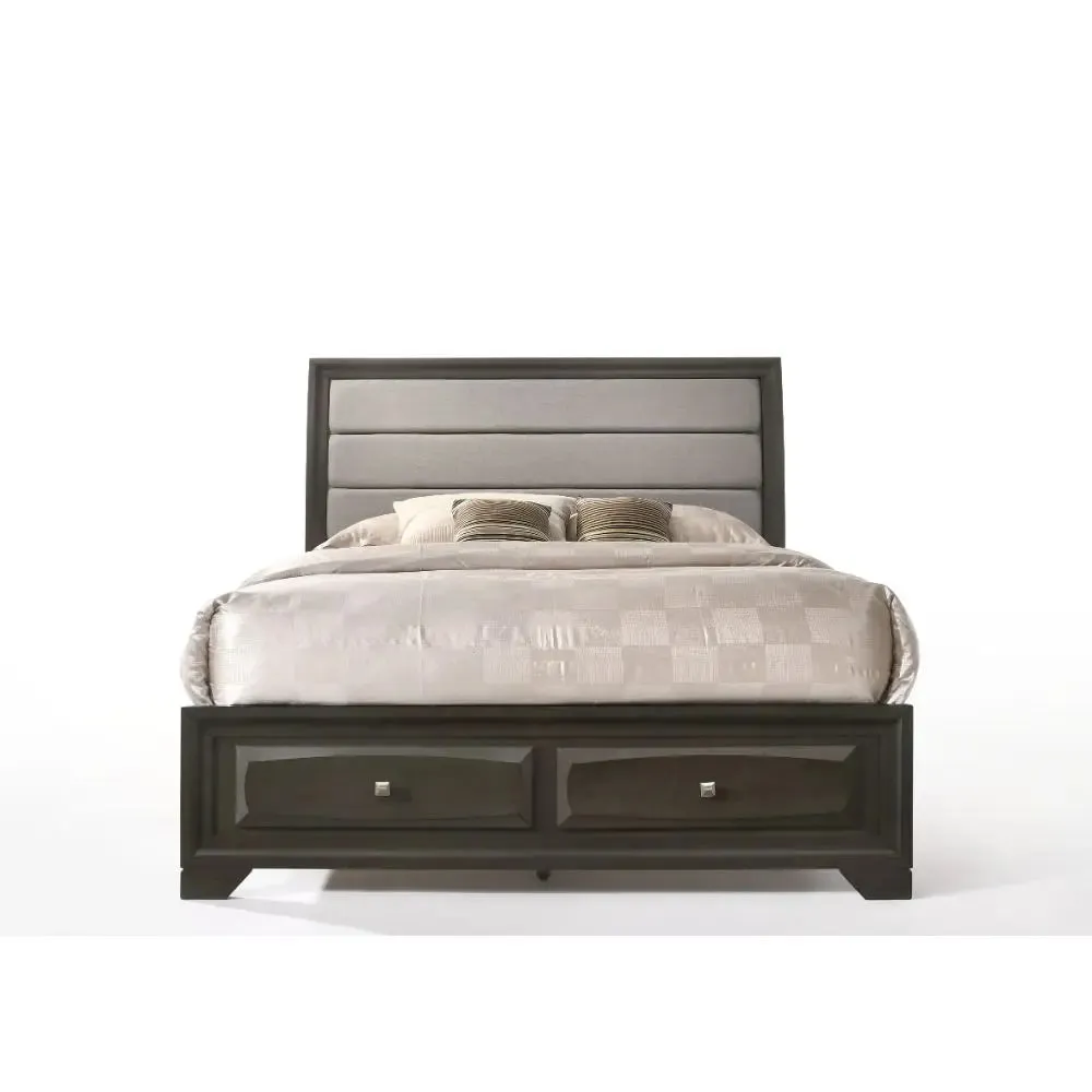 Hank Queen Bed w/Front Drawers, Gray Fabric & Antique Gray