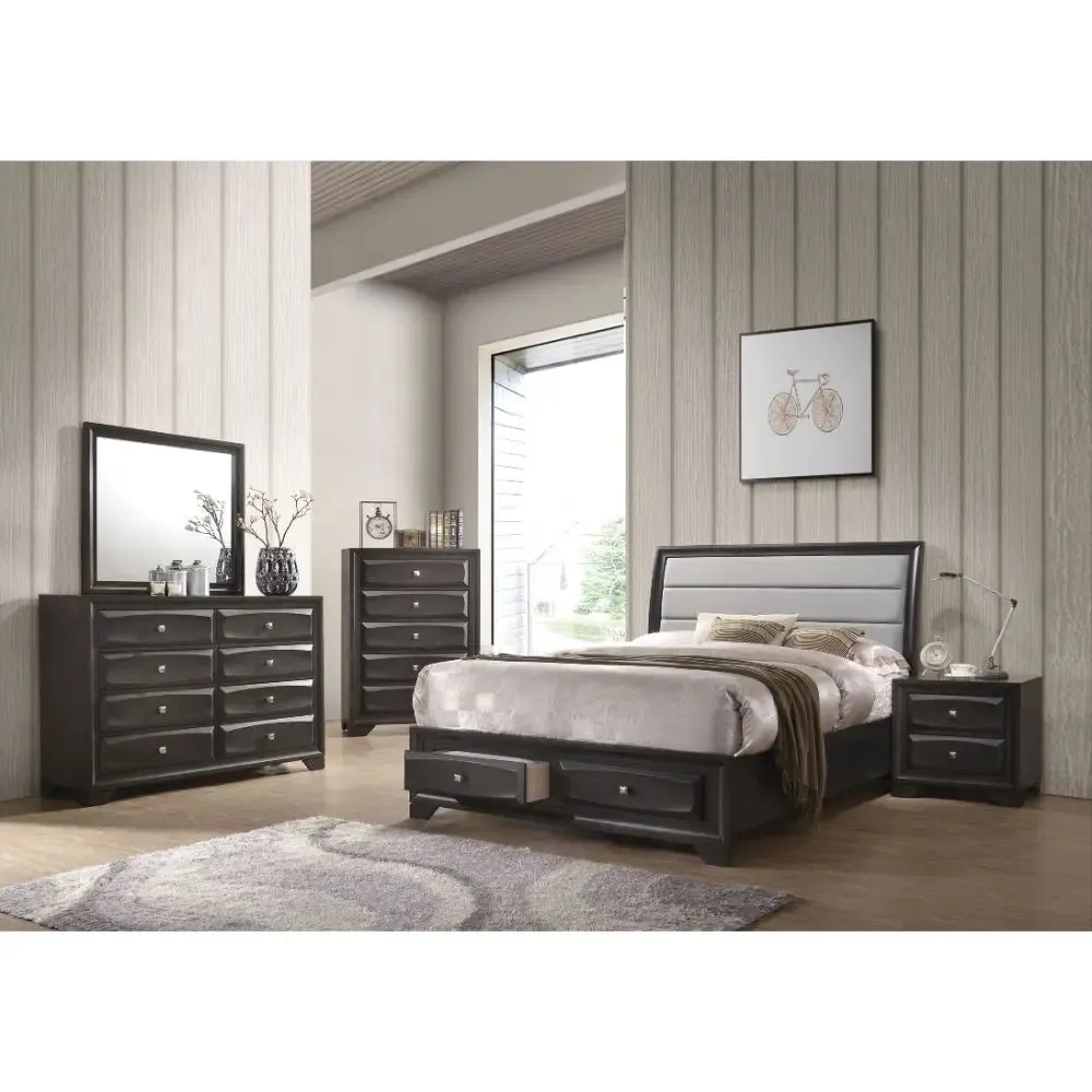 Hank Queen Bed w/Front Drawers, Gray Fabric & Antique Gray