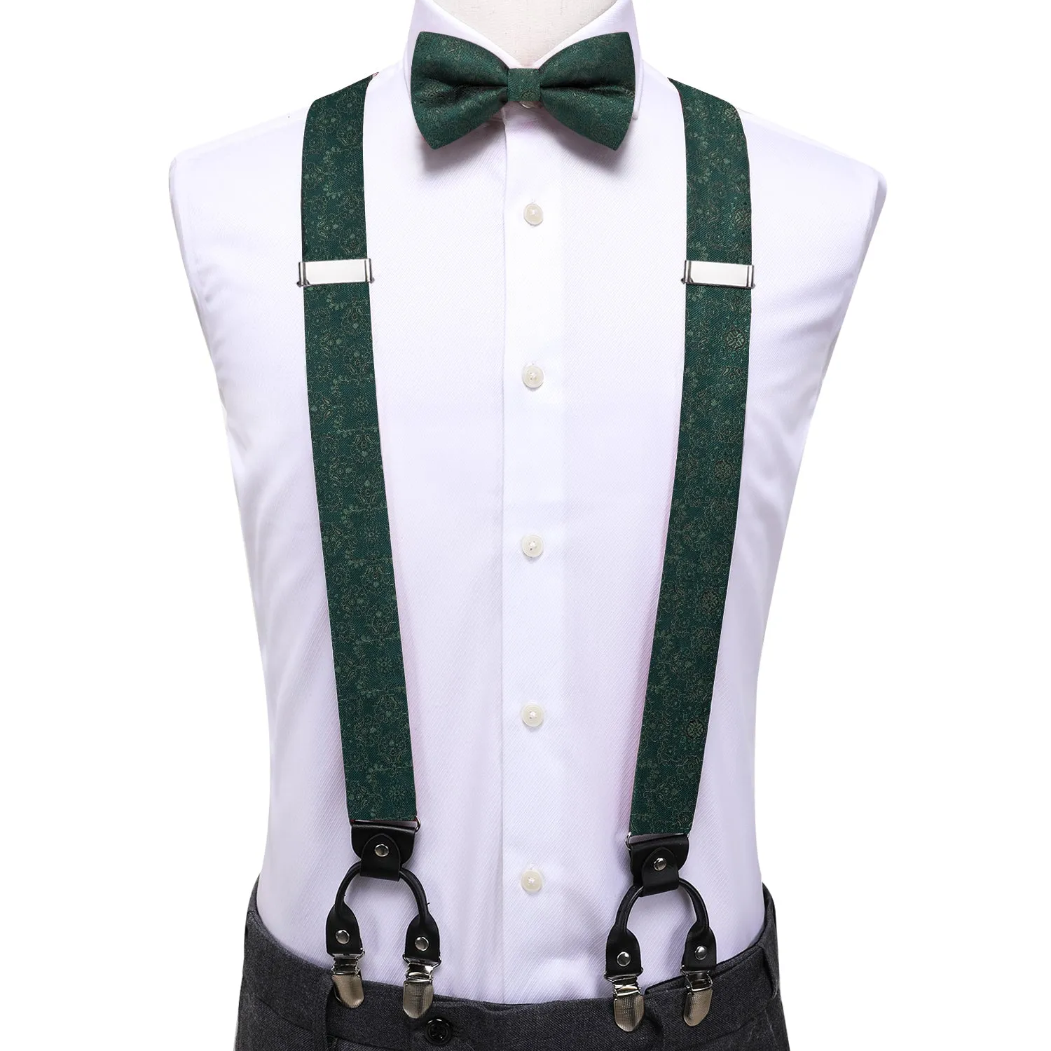 Hi-Tie Deep Green Mens Floral Suspender Bowtie Hanky Cufflinks Set