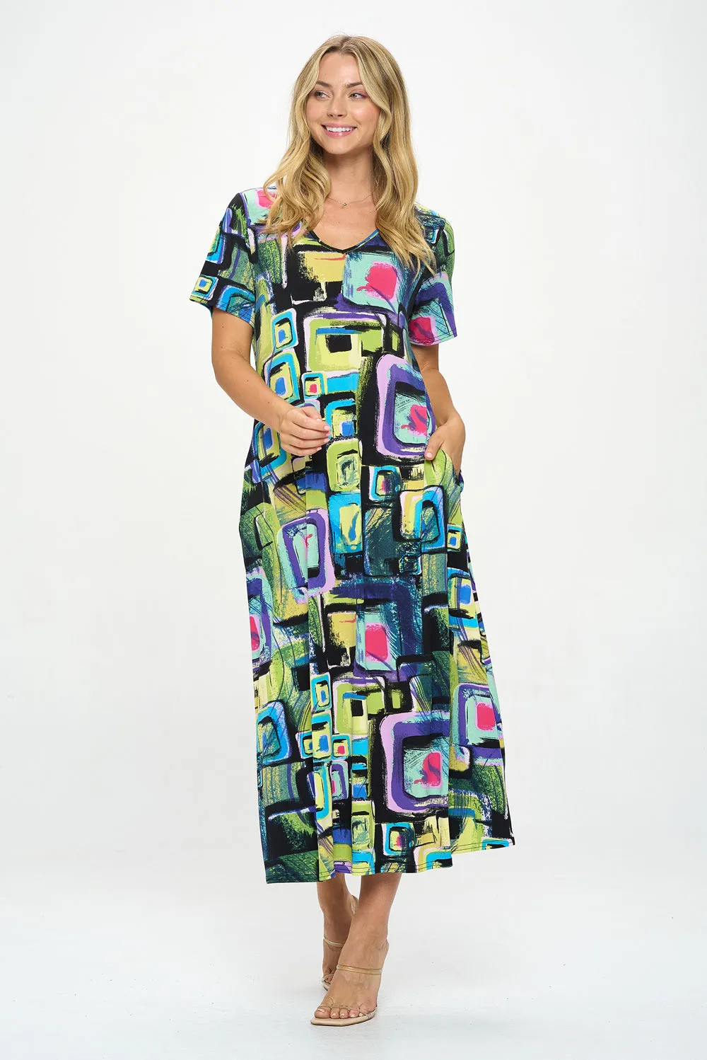 HIT V-Neck Long Dress W/Pocket-7085HT-SRP1-K-W400