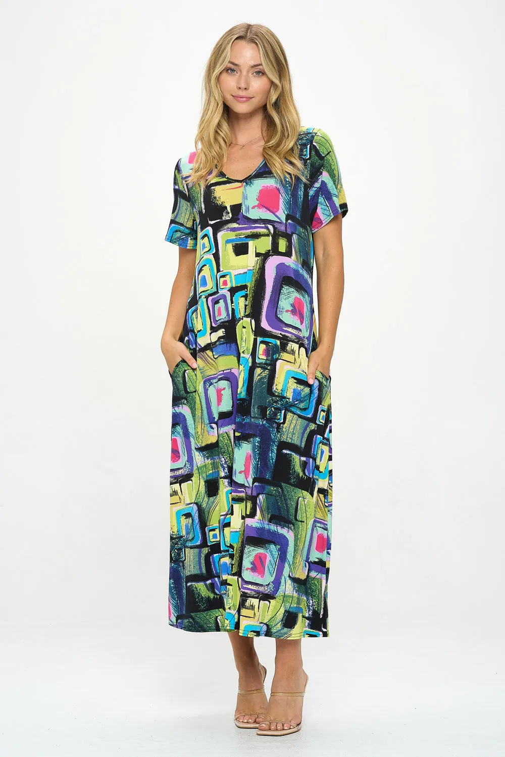 HIT V-Neck Long Dress W/Pocket-7085HT-SRP1-K-W400