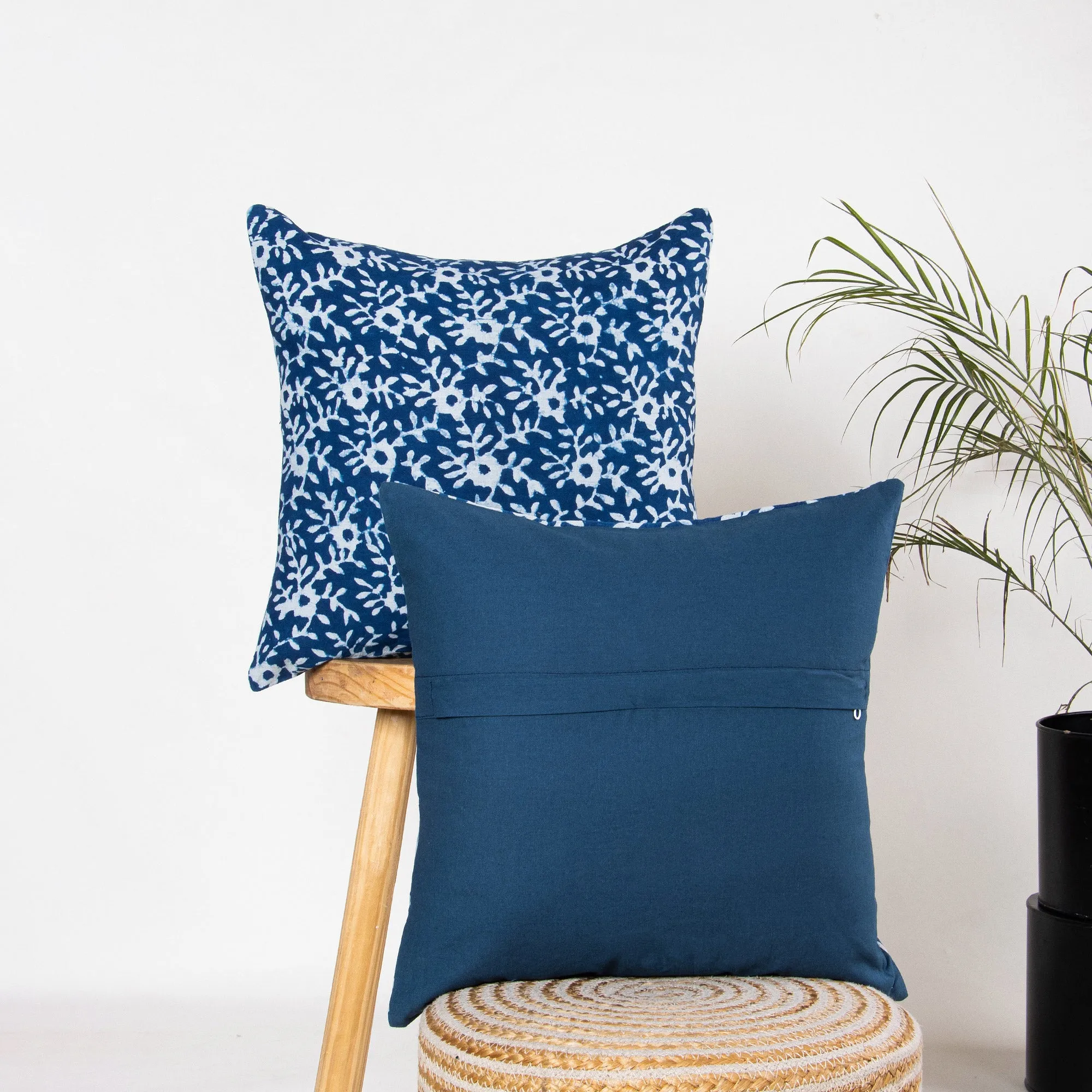 Indigo Blue Floral Printed Pure Cotton Cushion Covers