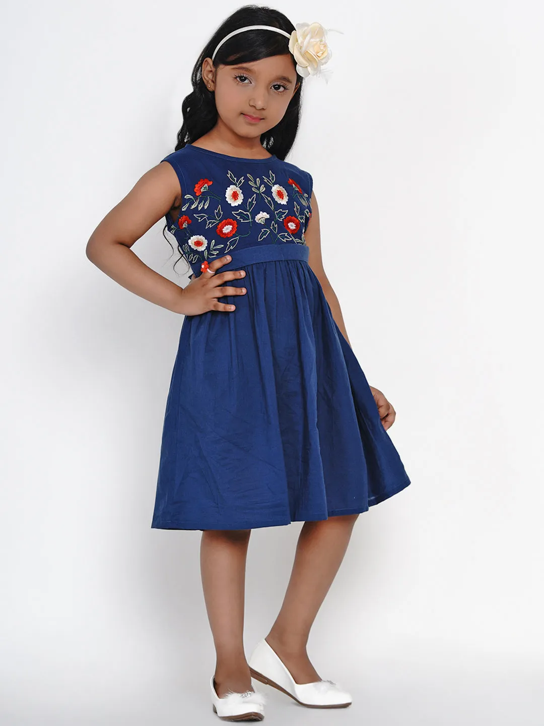 Jashvi Girls Blue Embroidered Fit and Flare Dress