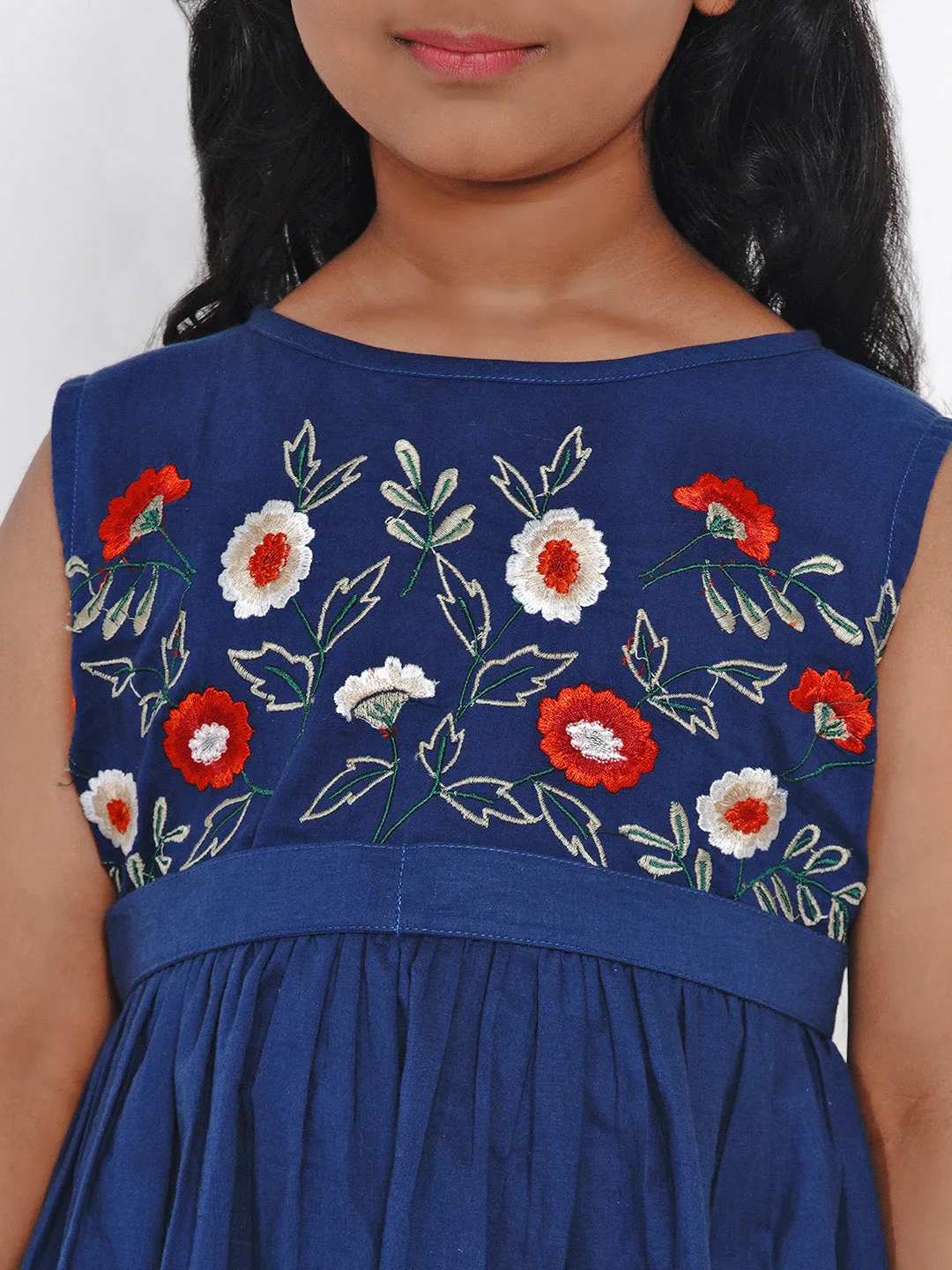 Jashvi Girls Blue Embroidered Fit and Flare Dress