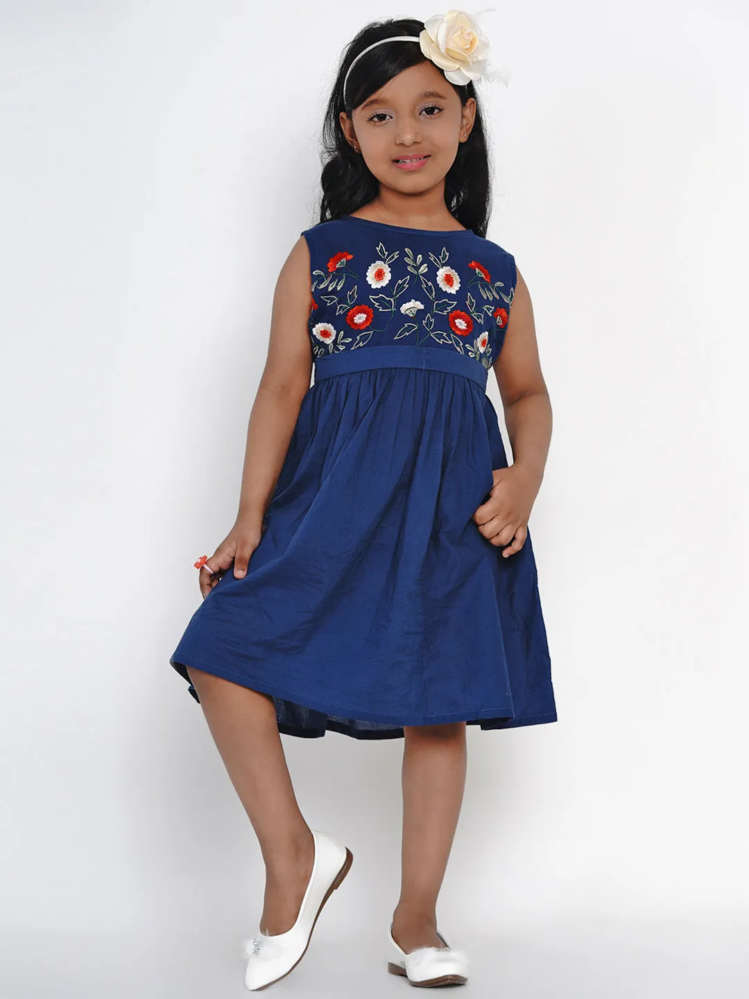 Jashvi Girls Blue Embroidered Fit and Flare Dress