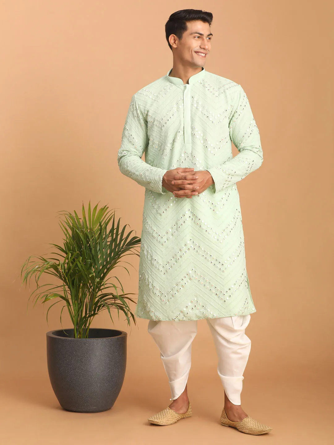 Jashvi Men's Mint Green Mirror Kurta Dhoti Set