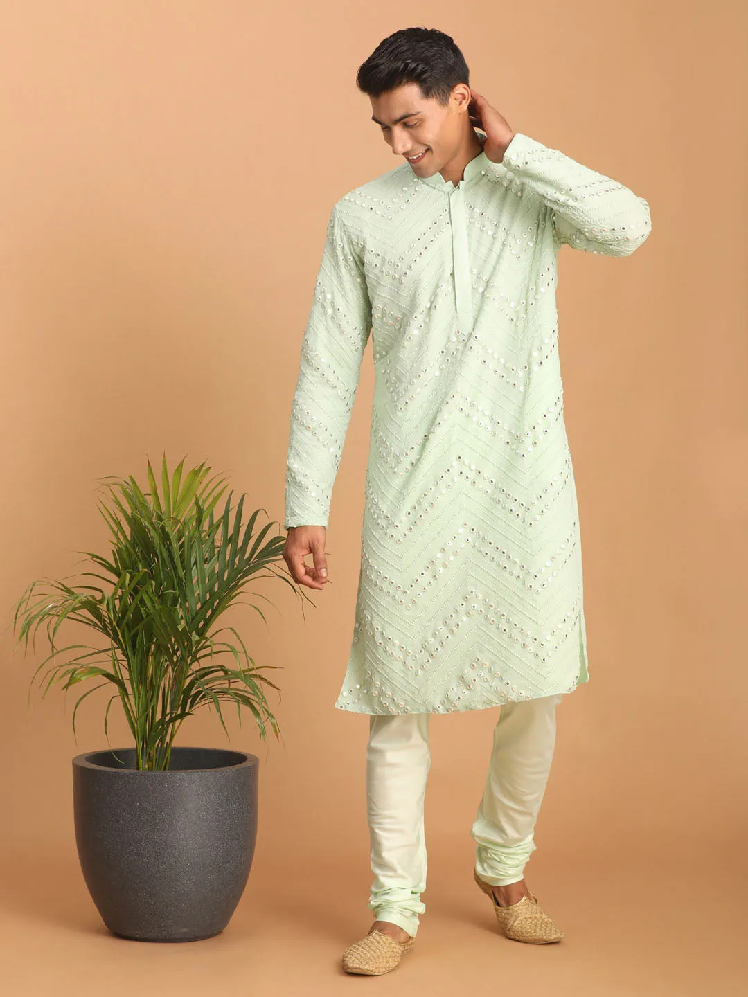 Jashvi Men's Mint Green Mirror Kurta Pyjama Set