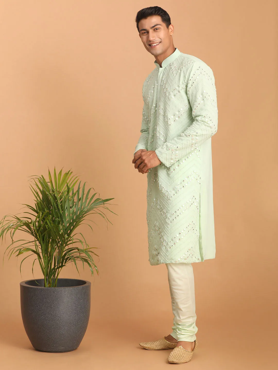 Jashvi Men's Mint Green Mirror Kurta Pyjama Set