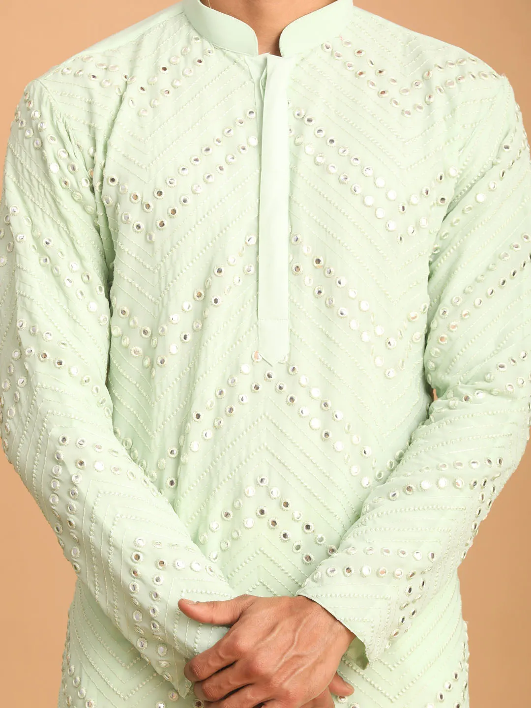 Jashvi Men's Mint Green Mirror Kurta Pyjama Set