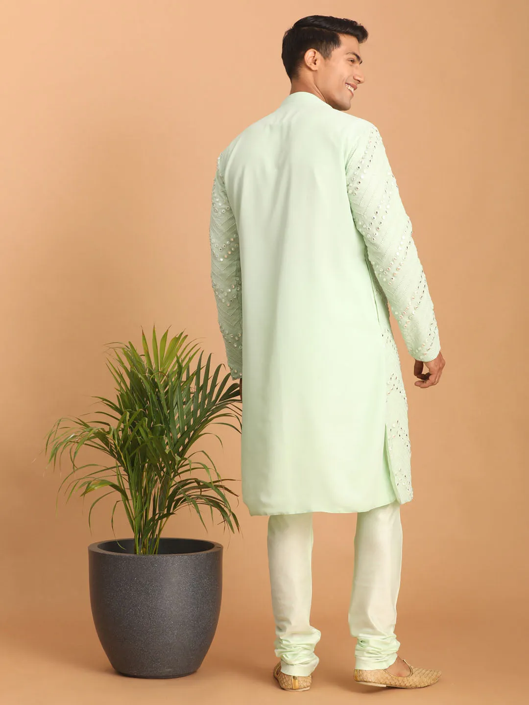 Jashvi Men's Mint Green Mirror Kurta Pyjama Set