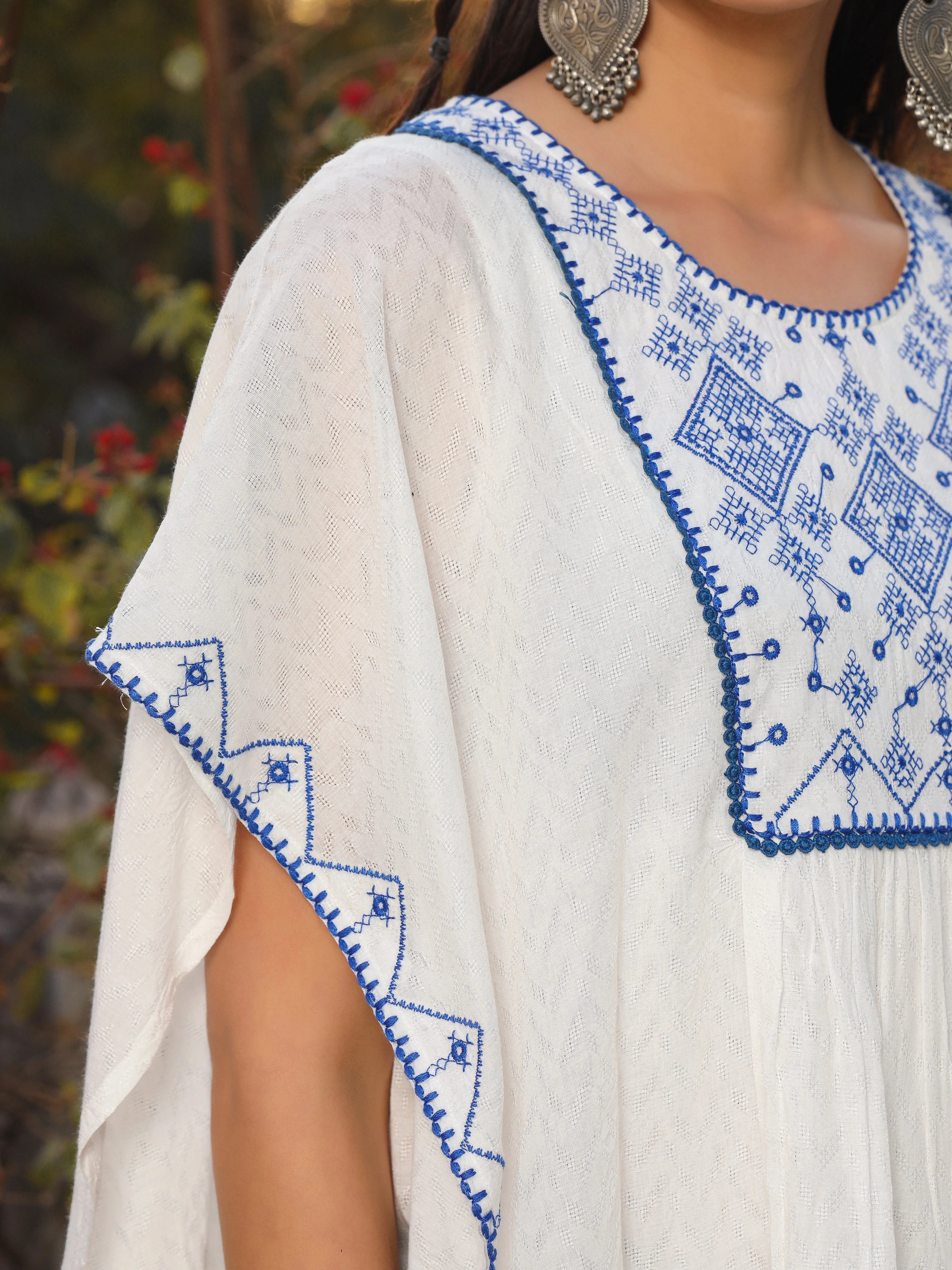 Jashvi White Viscose Dobby Kaftan Tunic With Blue Thread Embroidery