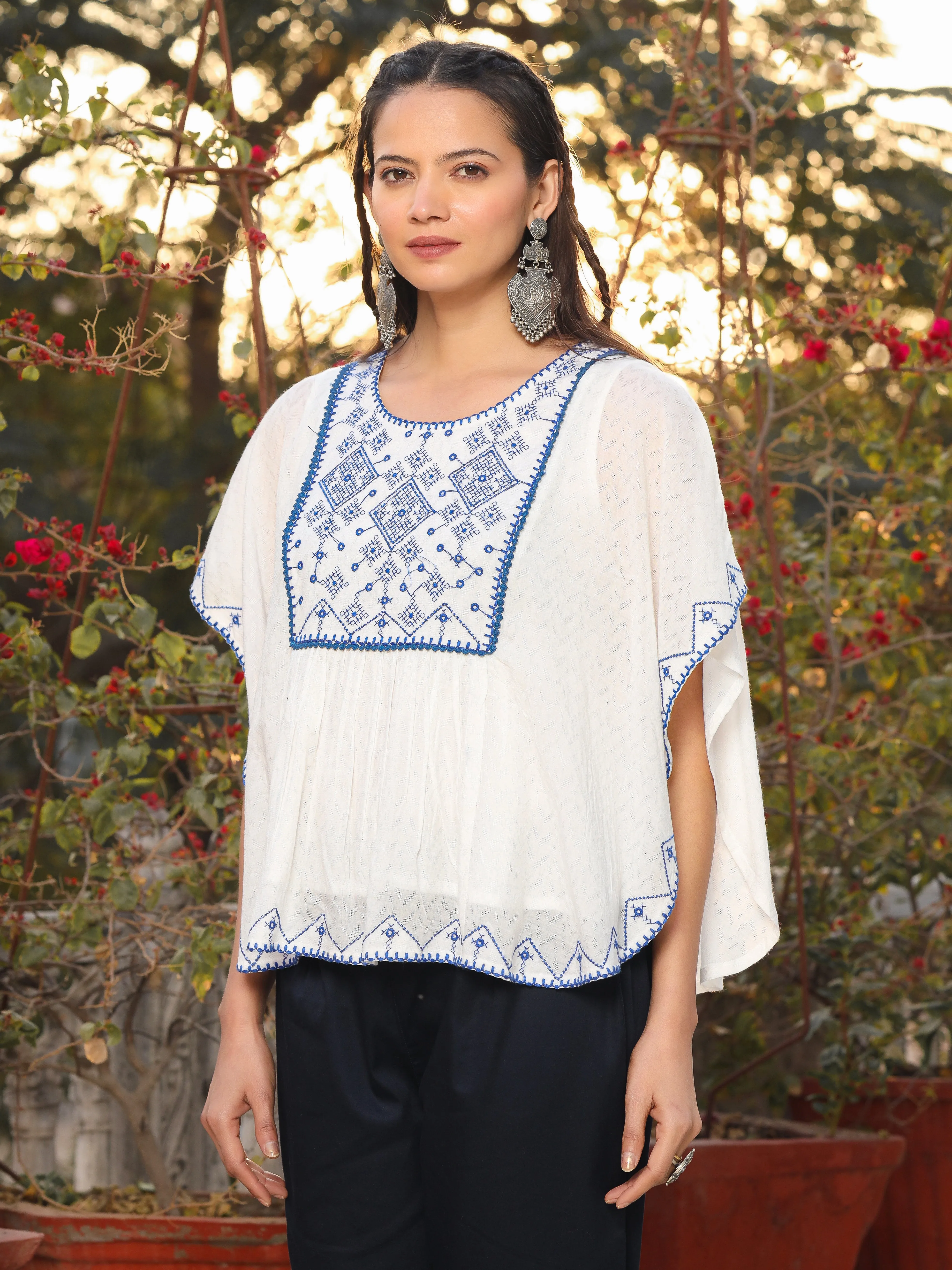 Jashvi White Viscose Dobby Kaftan Tunic With Blue Thread Embroidery