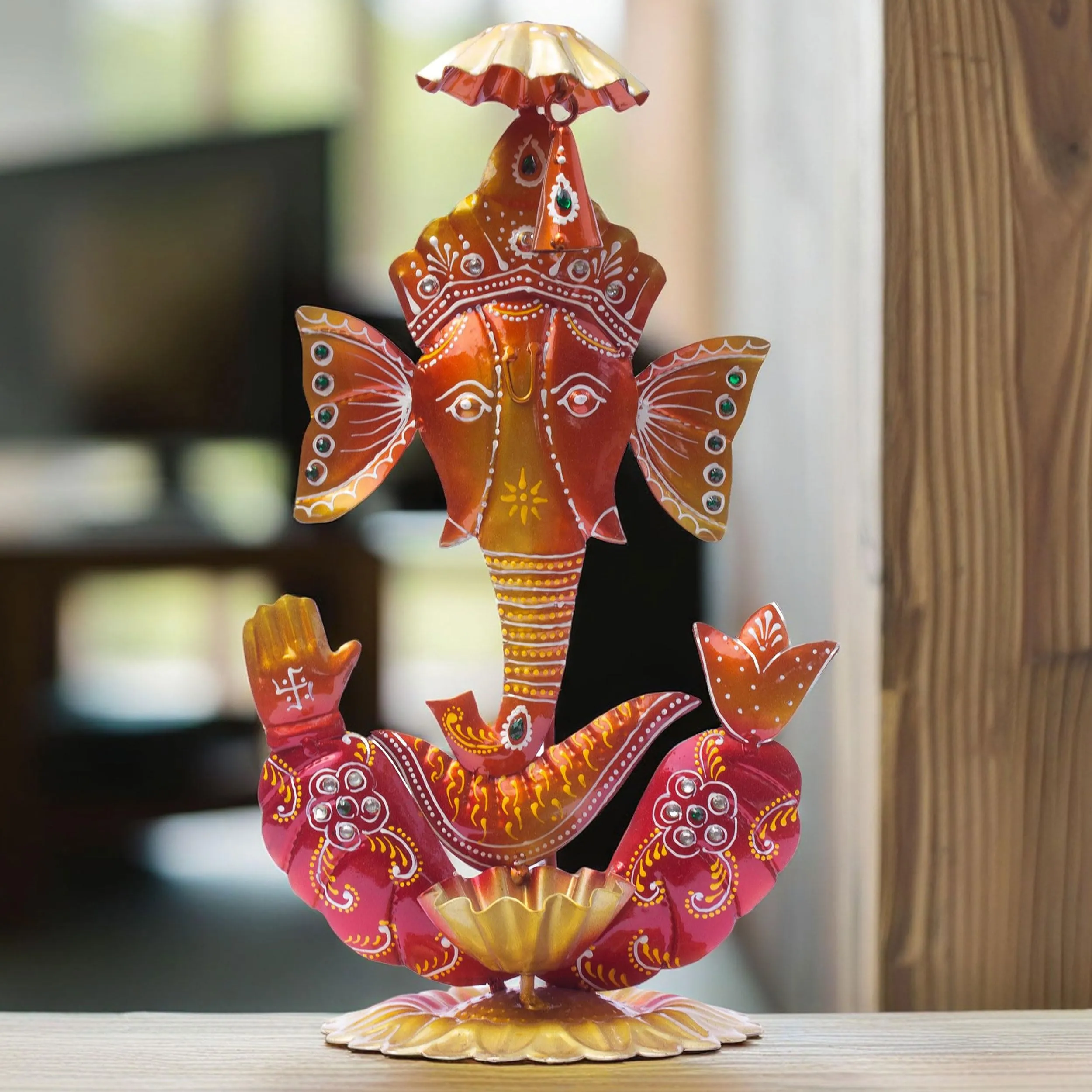 Kraftskala Ganesh Ghanti Diya TeaLight Candle Holder Tabletop Figurine Vibrant Metal Ganpati Statue with Mukut Showpiece for Living Room Home Decor, Home Temple, Diwali Gift (Ghanti Ganesh)