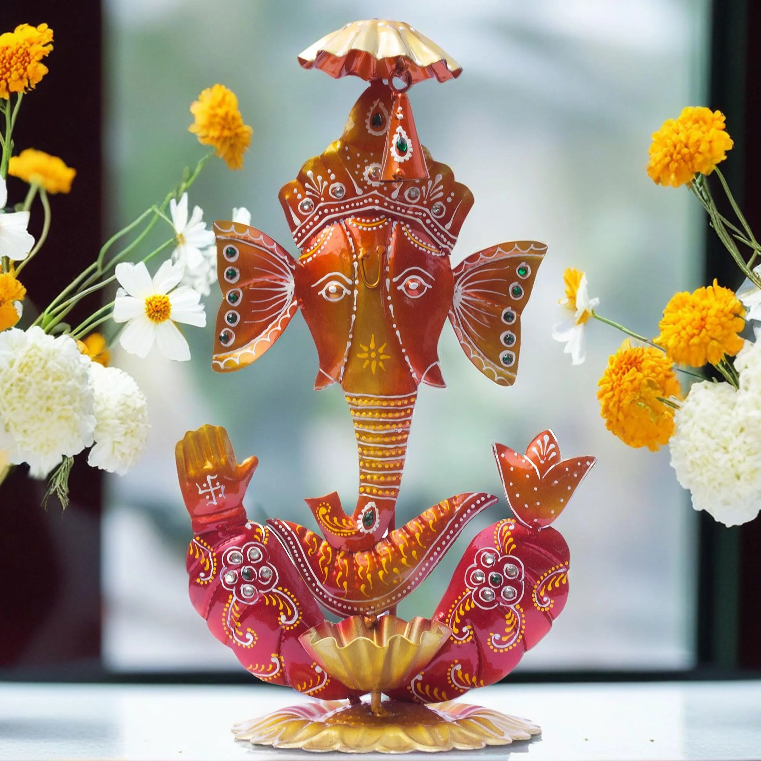 Kraftskala Ganesh Ghanti Diya TeaLight Candle Holder Tabletop Figurine Vibrant Metal Ganpati Statue with Mukut Showpiece for Living Room Home Decor, Home Temple, Diwali Gift (Ghanti Ganesh)