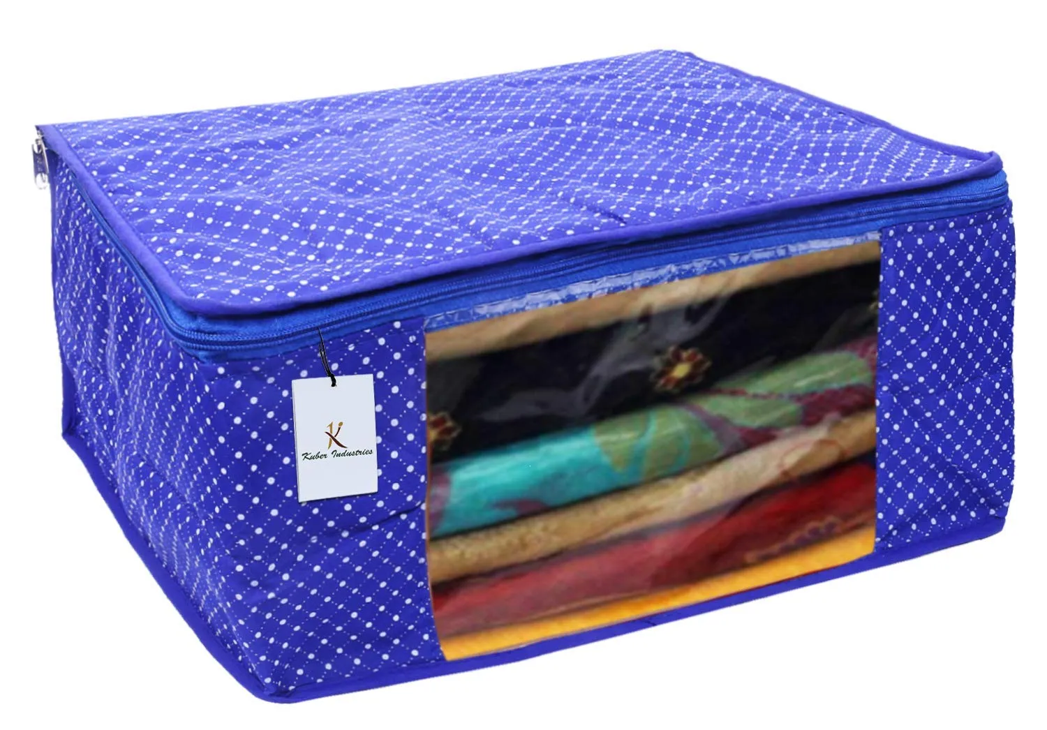 Kuber Industries Polka Dots 4 Pieces Cotton 3 Layered Quilted Saree Cover (Royal Blue) - CTKTC31059