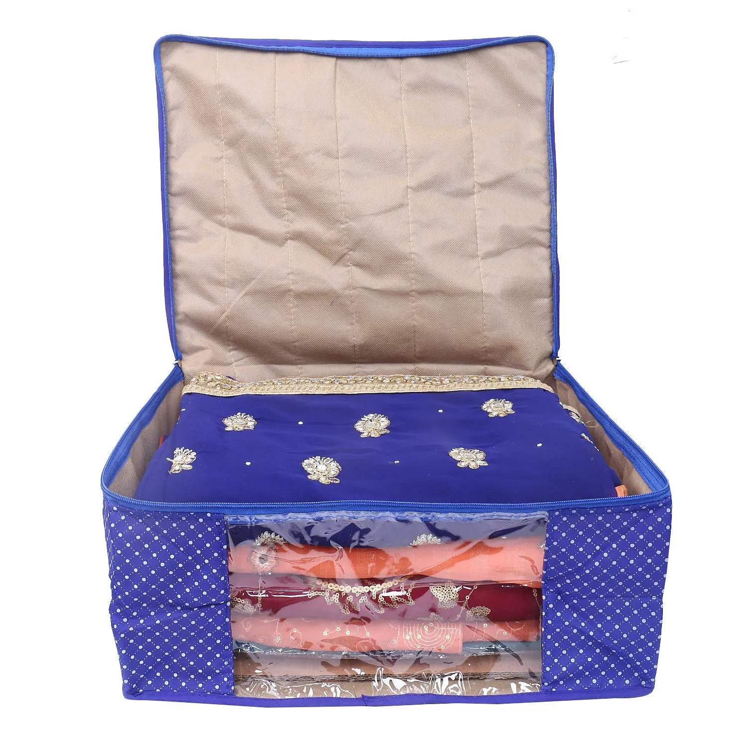 Kuber Industries Polka Dots 4 Pieces Cotton 3 Layered Quilted Saree Cover (Royal Blue) - CTKTC31059