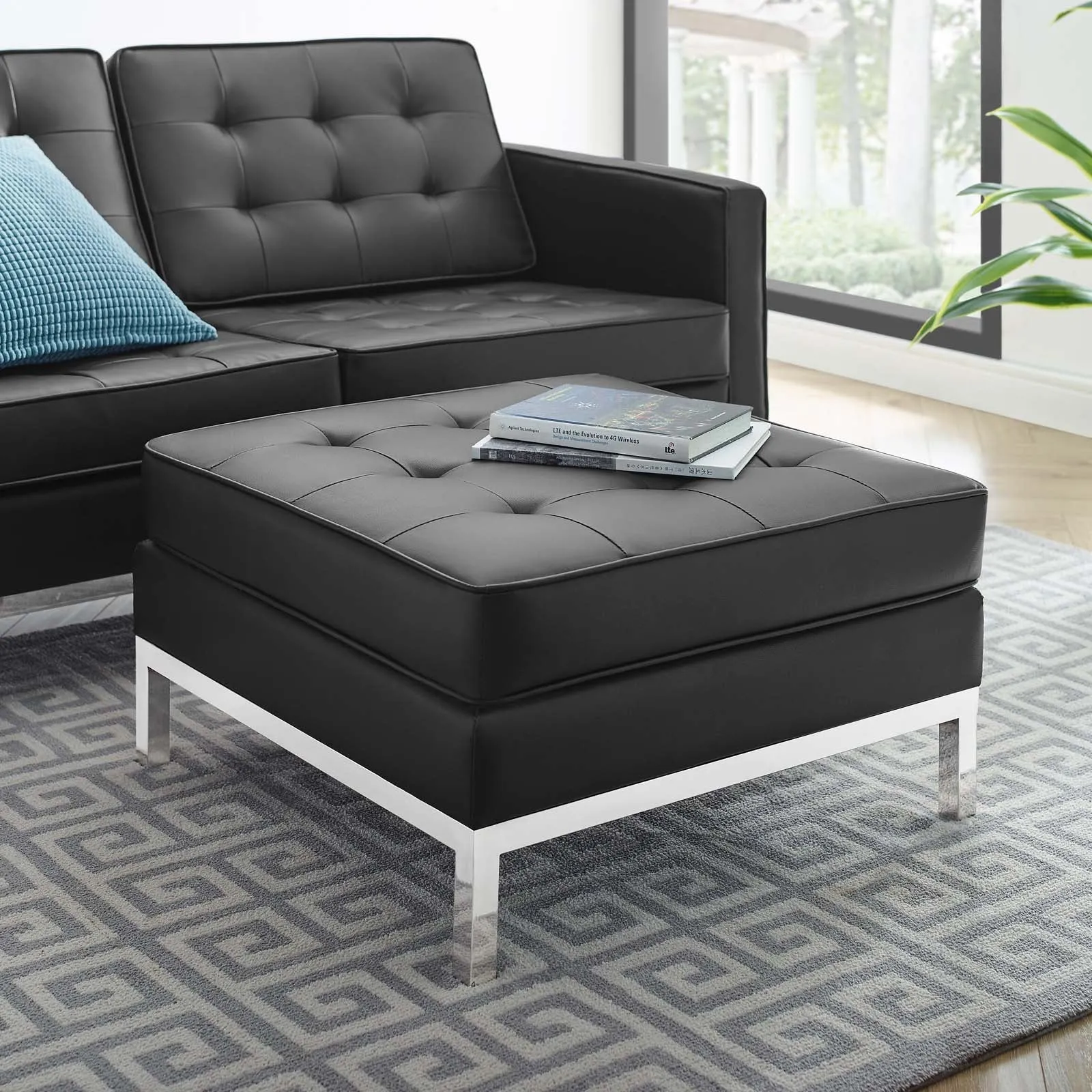 Loft Tufted Upholstered Faux Leather Ottoman - Silver Black Ottoman In Silver Tan