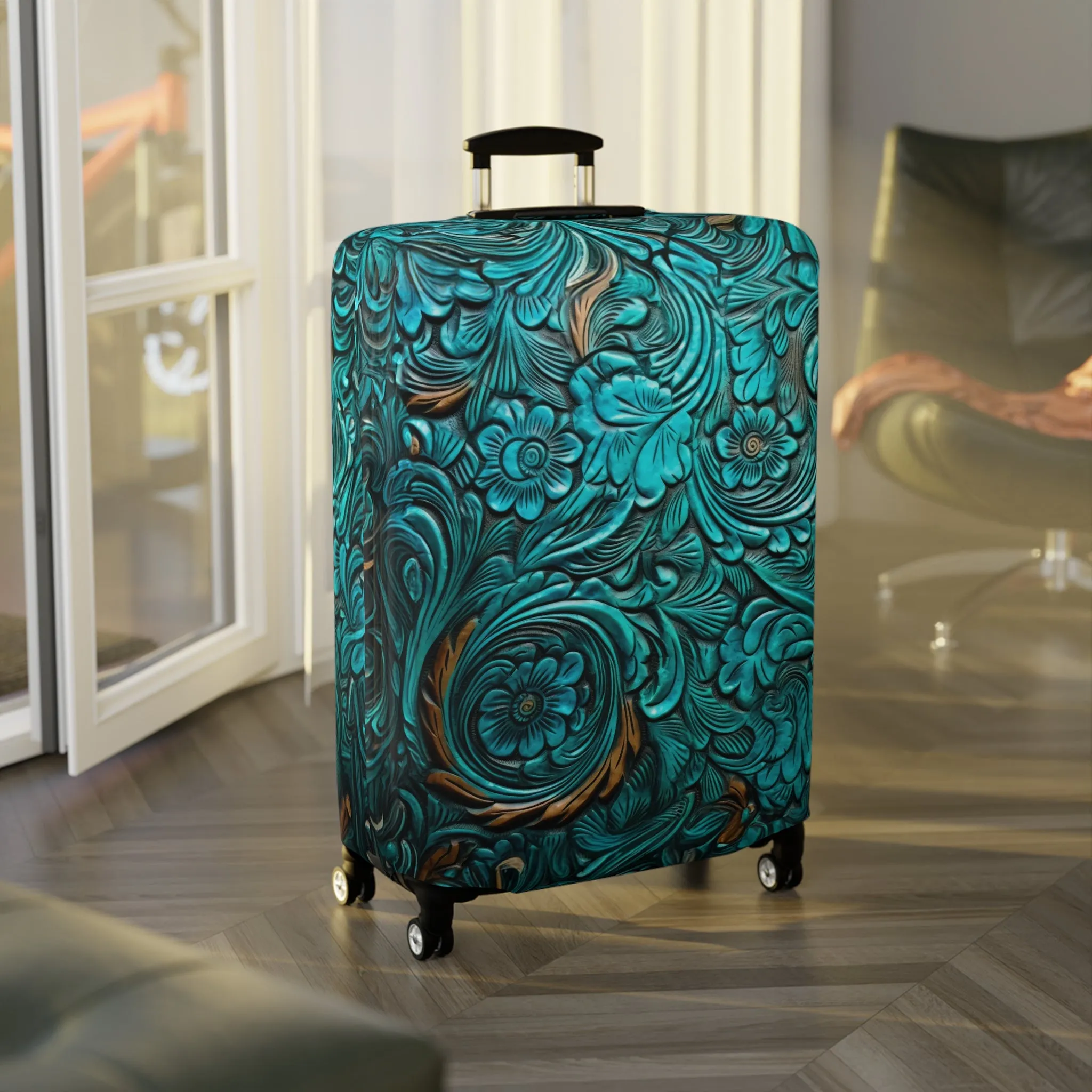 Luggage Cover, Green Tooled Leather Look