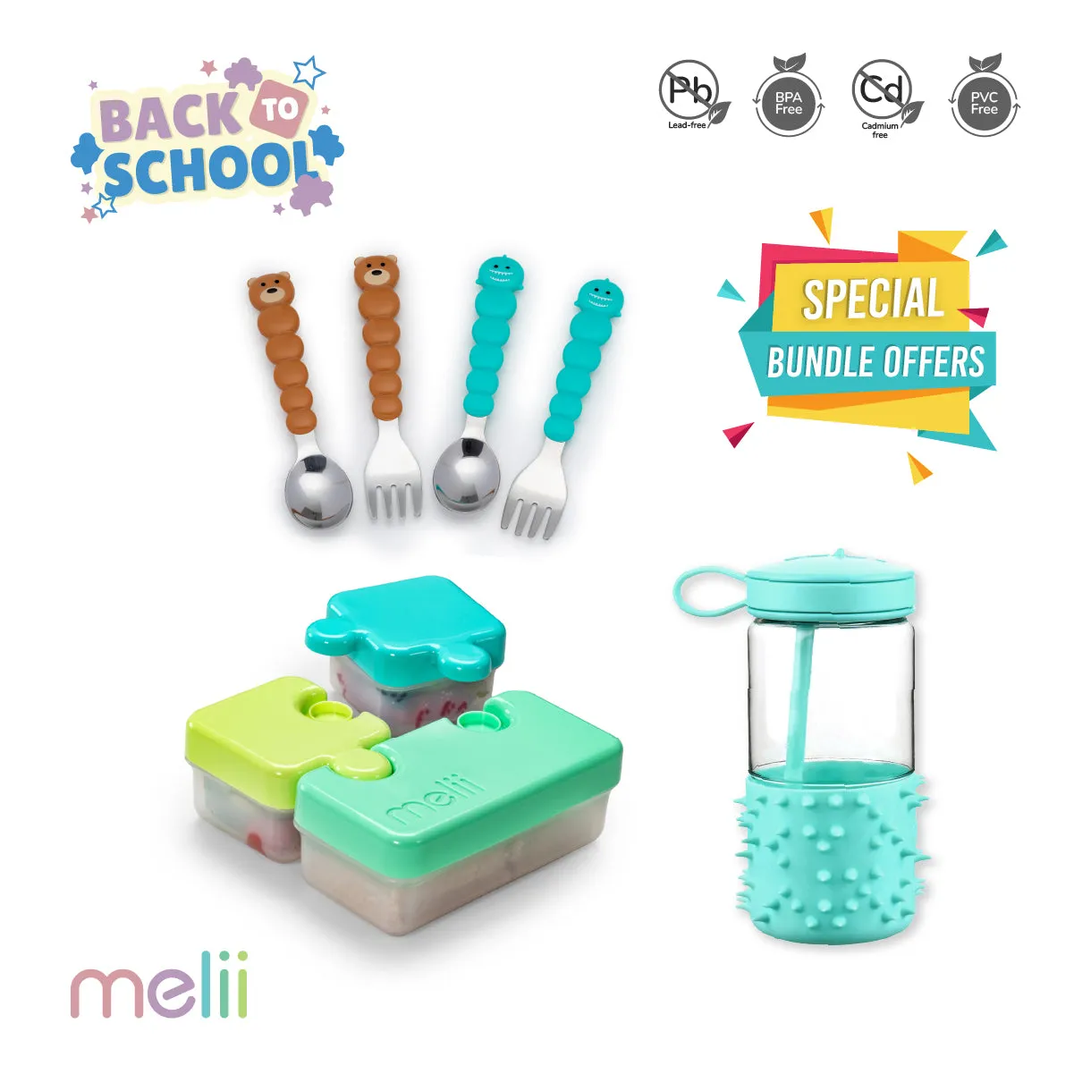 Melii Back to School Bundle - Puzzle Food Container (Lime, Turquoise Green), Spikey Water Bottle (Mint, 17 oz), Spoons & Forks Set (Brown Bear & Turquoise Shark, 4 Pcs) - BPA Free, Durable, Fun Designs