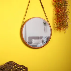 METALMASTERY Round Metal Frame Wall Mirror with Hanging Rope Nomad Nook Leather Hanging Decorative Mirror - Add a Touch of Glamour to Your Space (Brown)