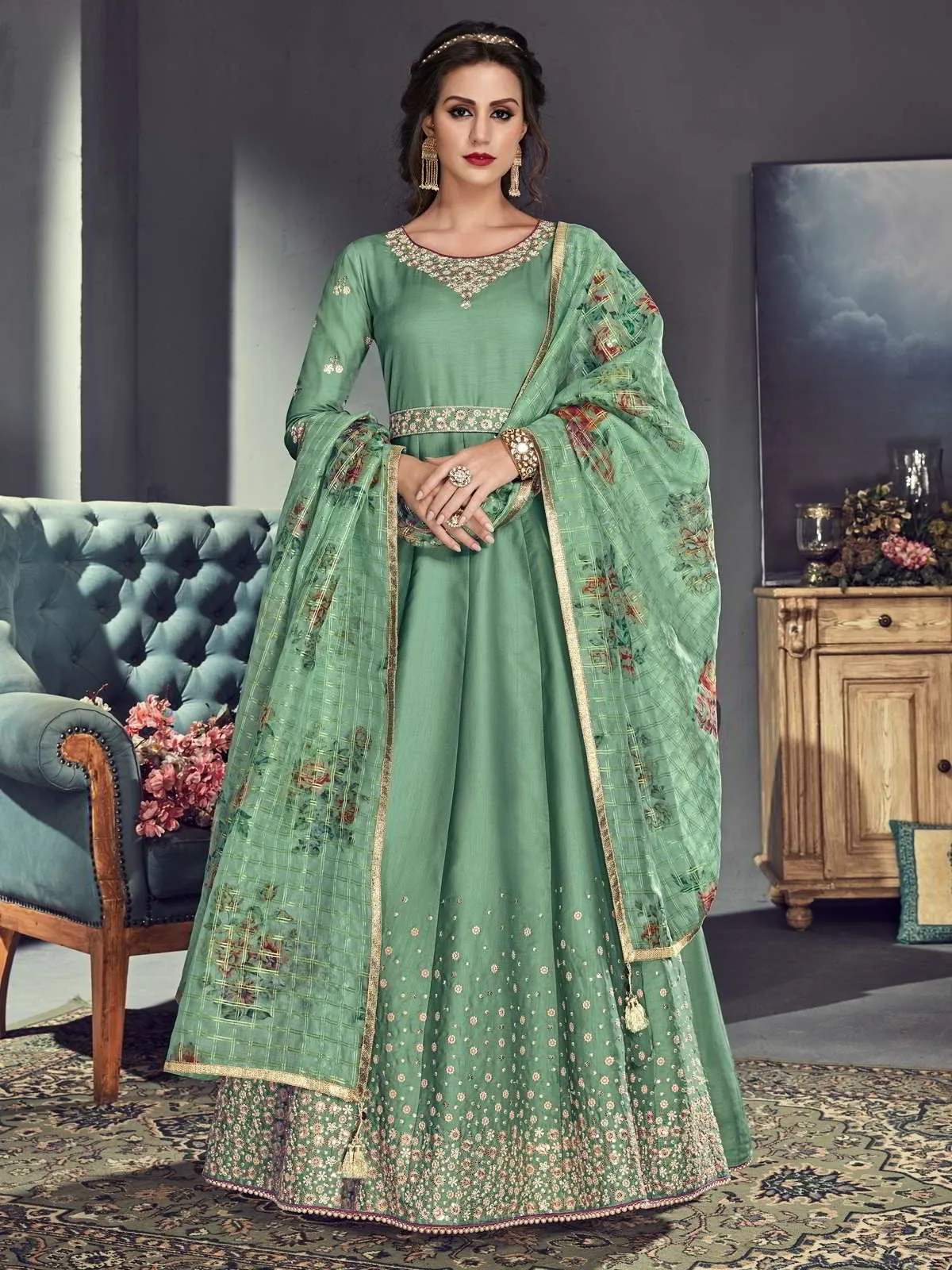 Mint Green Ethnic Embroidered Silk Anarkali Suit