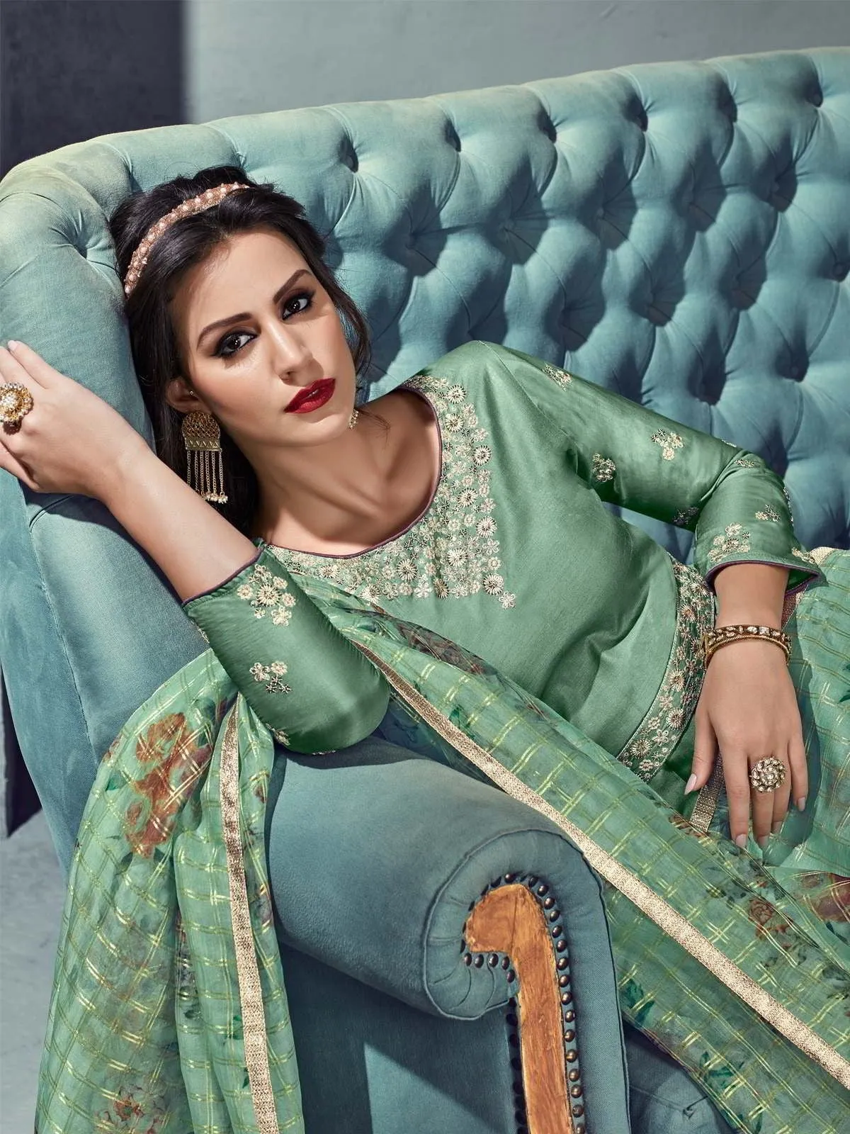 Mint Green Ethnic Embroidered Silk Anarkali Suit