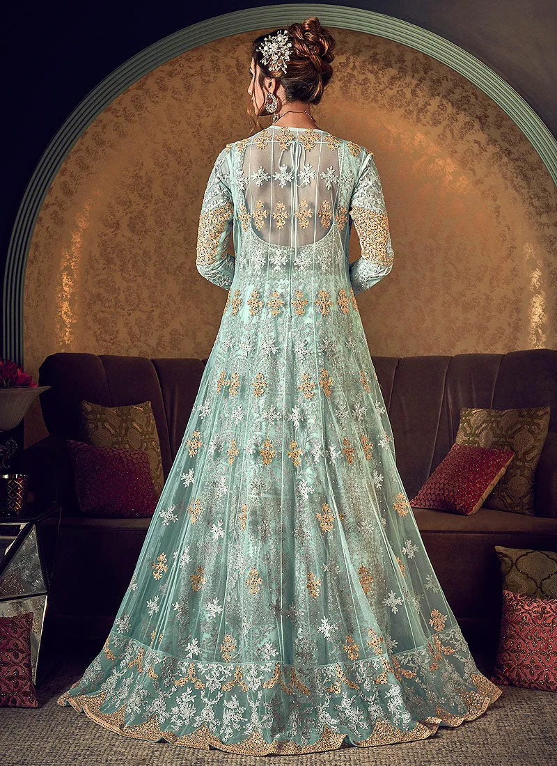 Mint Green Golden Embroidered Jacket Style Anarkali Gown