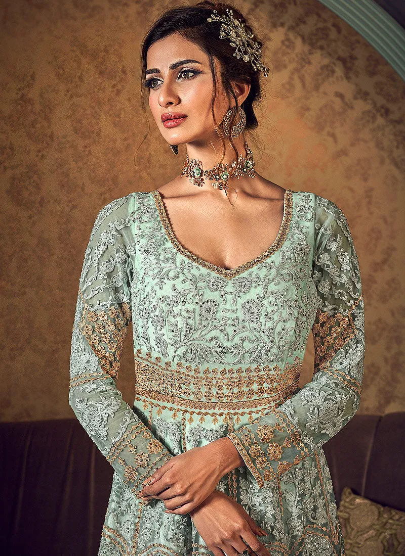 Mint Green Golden Embroidered Jacket Style Anarkali Gown