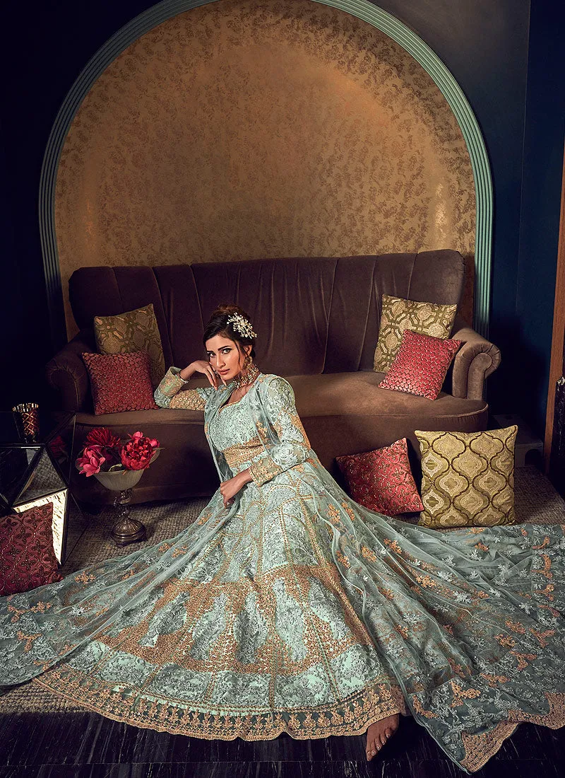 Mint Green Golden Embroidered Jacket Style Anarkali Gown