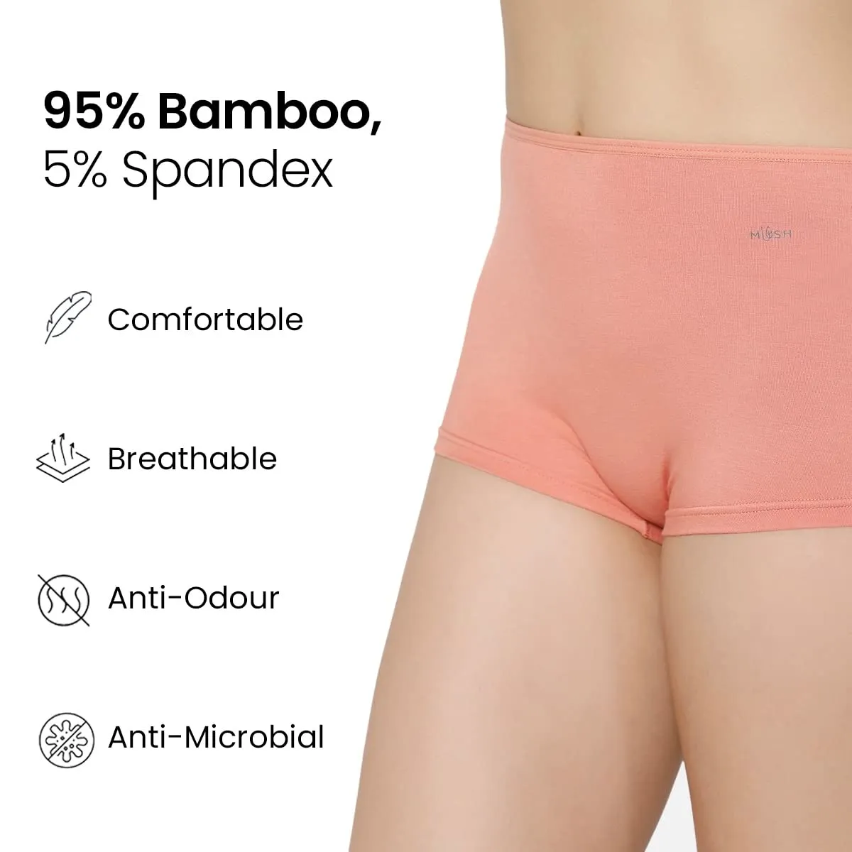 Mush Bamboo Boyshort Panties for Women | Ultra Soft Bamboo Underwear for Women | Breathable, Anti-Odor, Seamless & All Day Comfort Panties Pack of 3 (S, Peach)