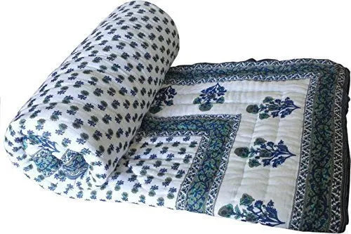 Namaste India Double Bed Size Cotton AC Quilt Razai Floral Prints - Blue