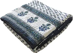 Namaste India Double Bed Size Cotton AC Quilt Razai Floral Prints - Blue