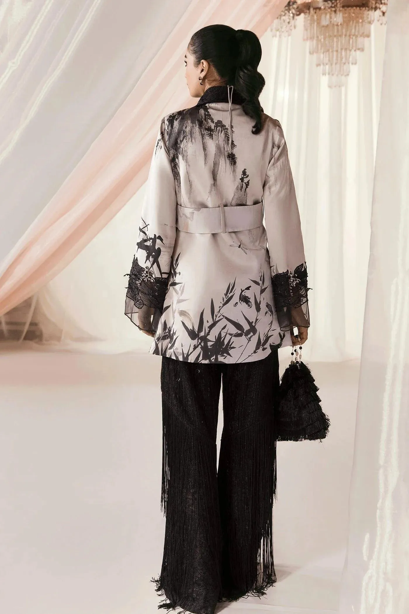 Nilofer Shahid - Charmeuse Silk Korean Print Embroidered Shirt with Embroidered Net Pants - Midnight Sky - 3 Piece