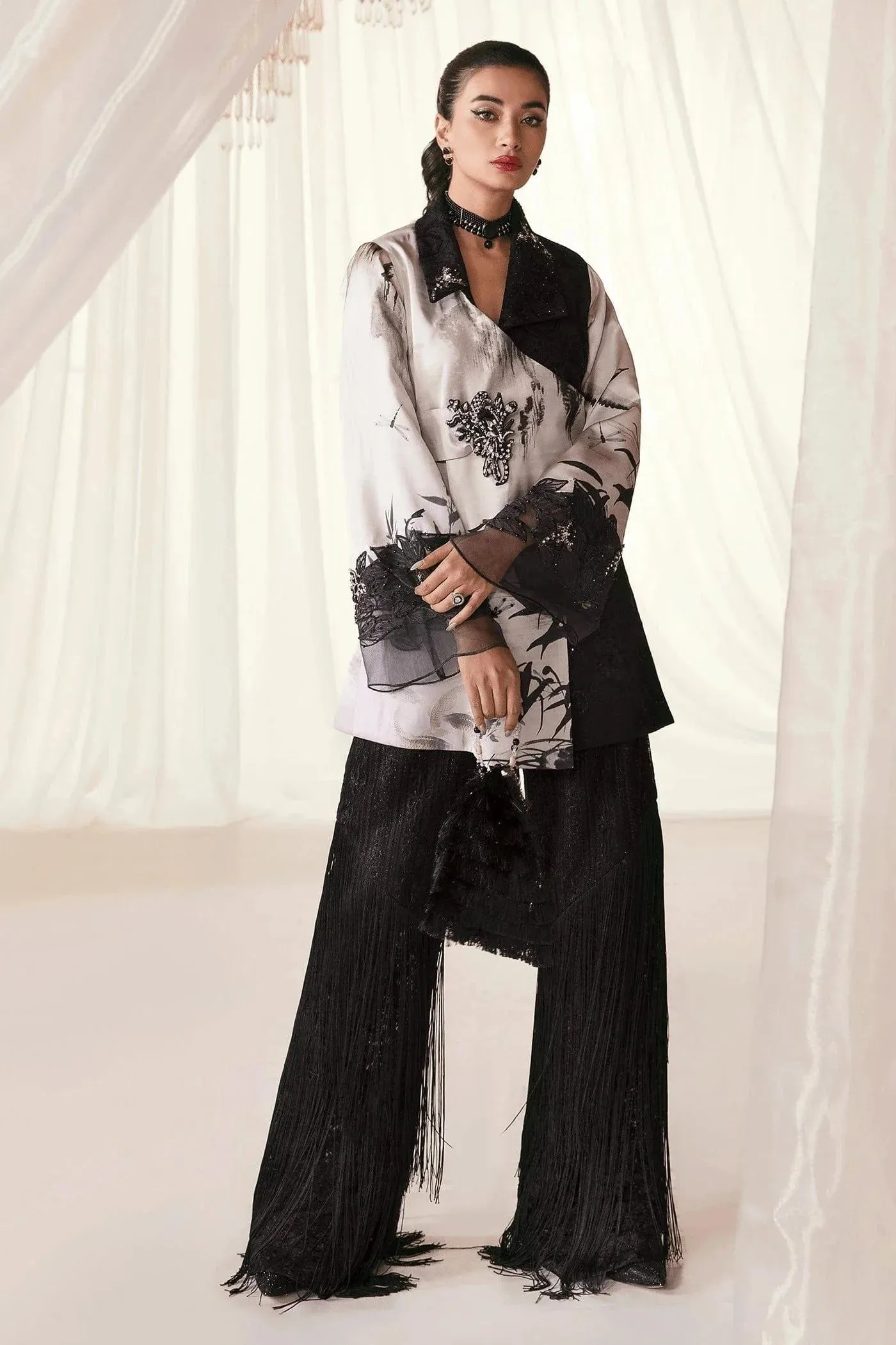 Nilofer Shahid - Charmeuse Silk Korean Print Embroidered Shirt with Embroidered Net Pants - Midnight Sky - 3 Piece