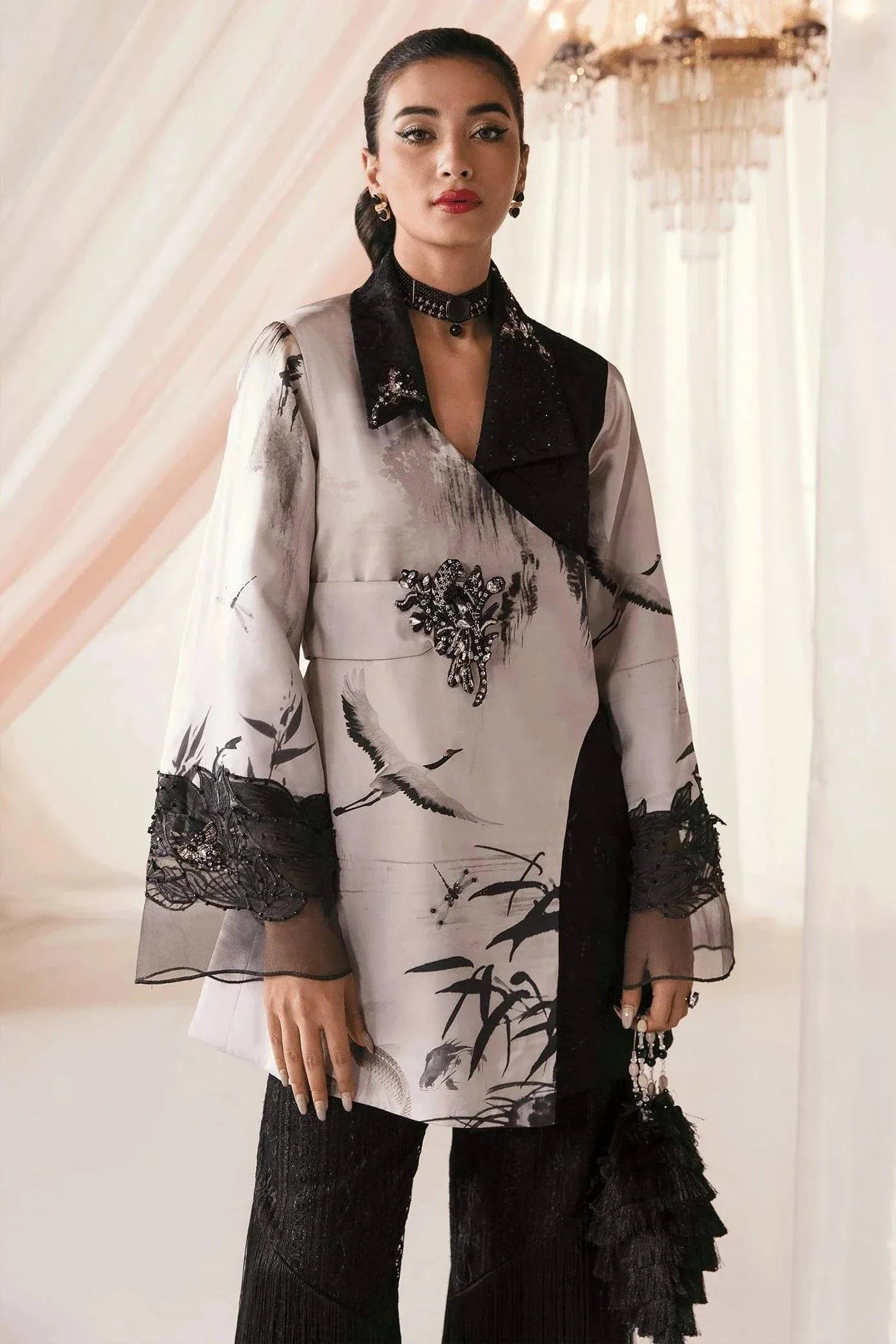 Nilofer Shahid - Charmeuse Silk Korean Print Embroidered Shirt with Embroidered Net Pants - Midnight Sky - 3 Piece