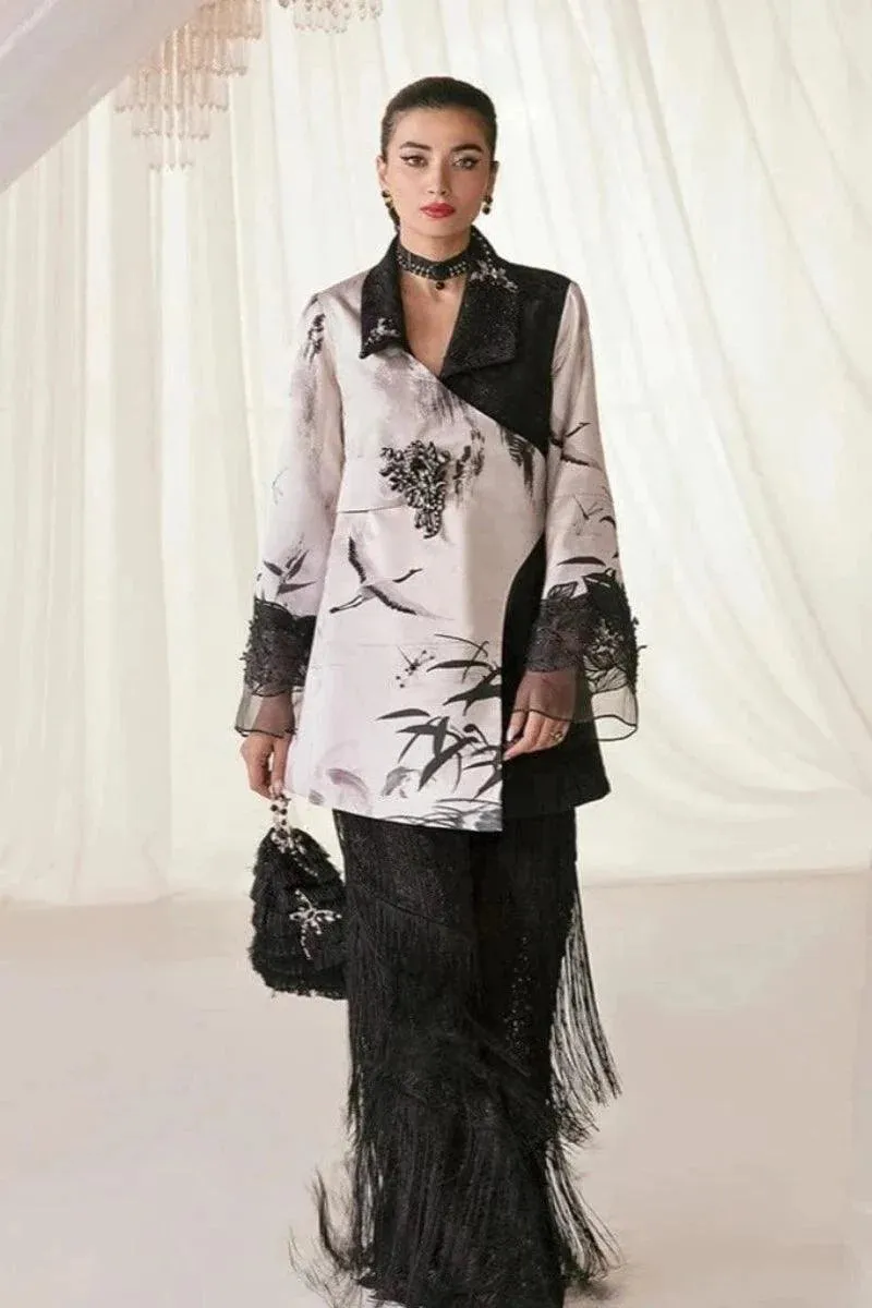 Nilofer Shahid - Charmeuse Silk Korean Print Embroidered Shirt with Embroidered Net Pants - Midnight Sky - 3 Piece