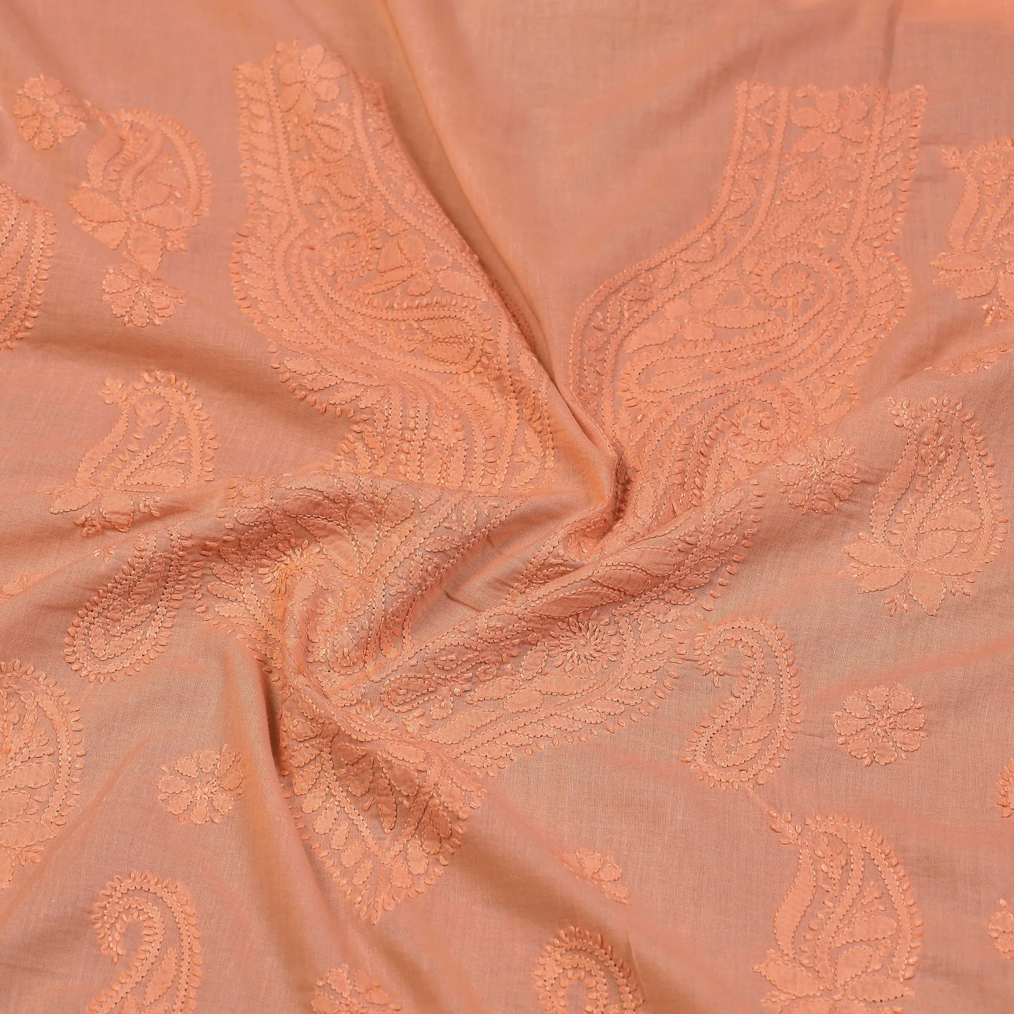 Orange - Lucknow Chikankari Hand Embroidery Mul Cotton Kurta Material - 2 Meter