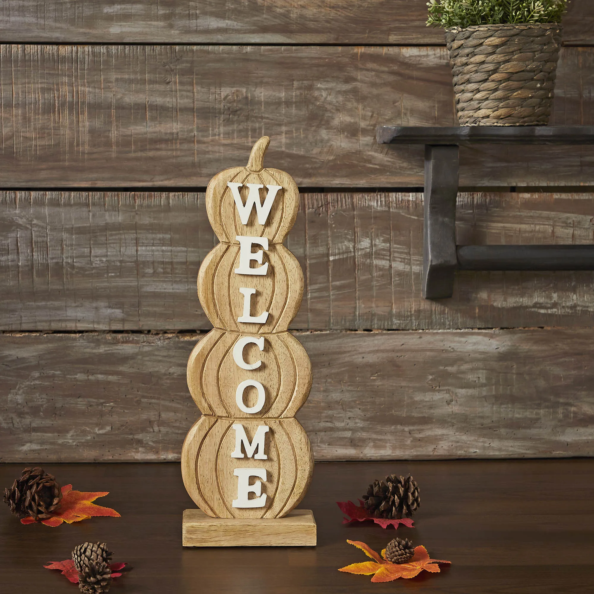 Pumpkin Stack Welcome Wooden Sign Medium 16.5x5.5x2.5