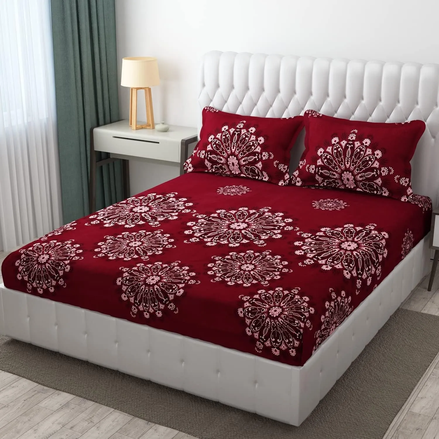 REALDREAM Presents Luxurious Glace Cotton Super Soft King Size (78 X 72 X 8 Inch) 360° Elastic Fitted Bedsheet with 2 Pillow Covers (Flower-Wine, King)