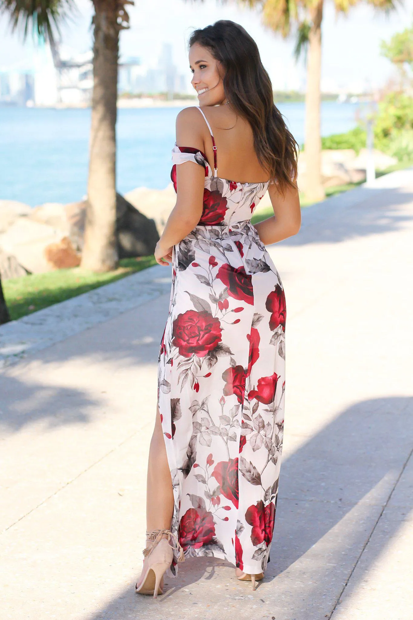 Red and Cream Floral Maxi Dress with Side Slit