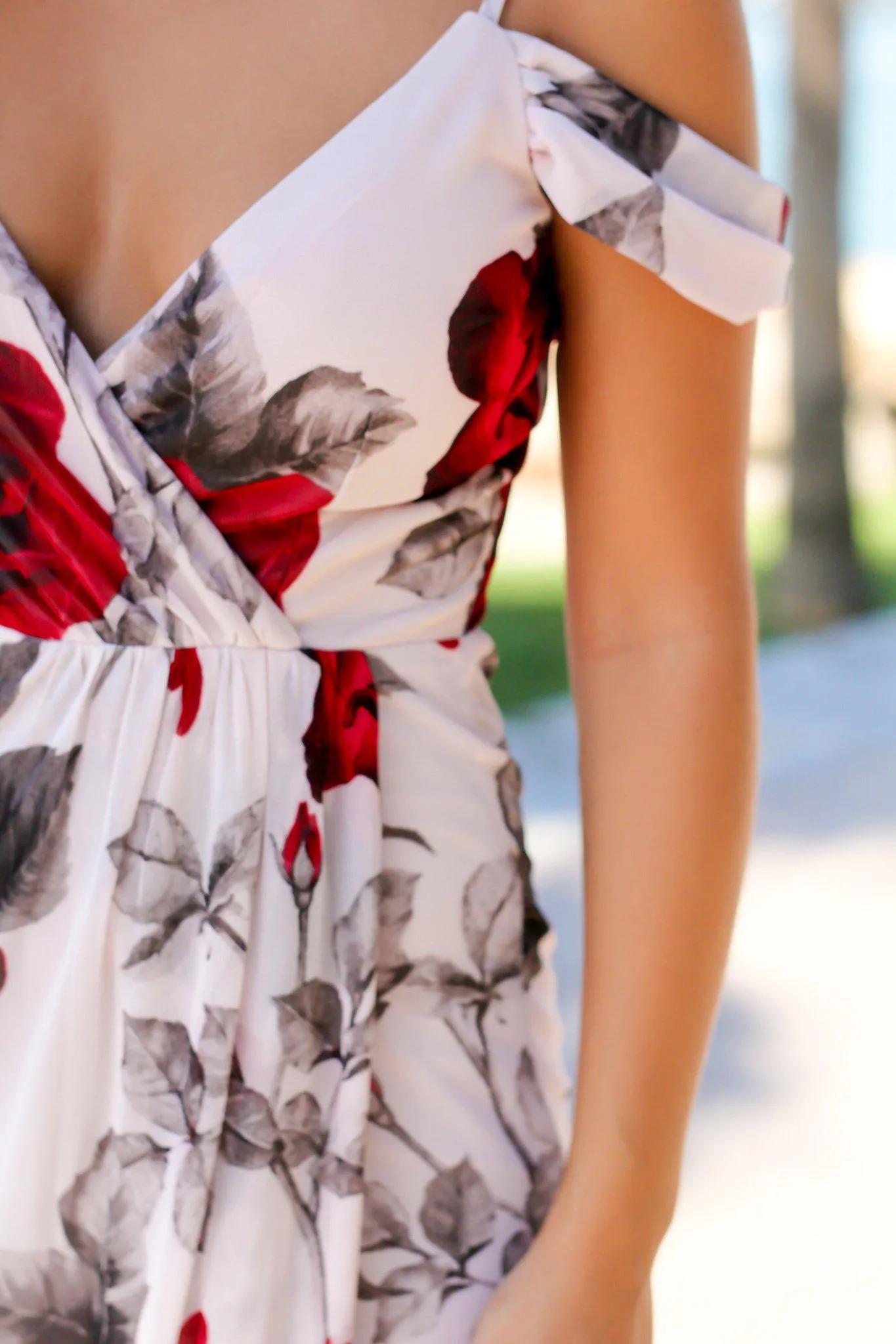 Red and Cream Floral Maxi Dress with Side Slit