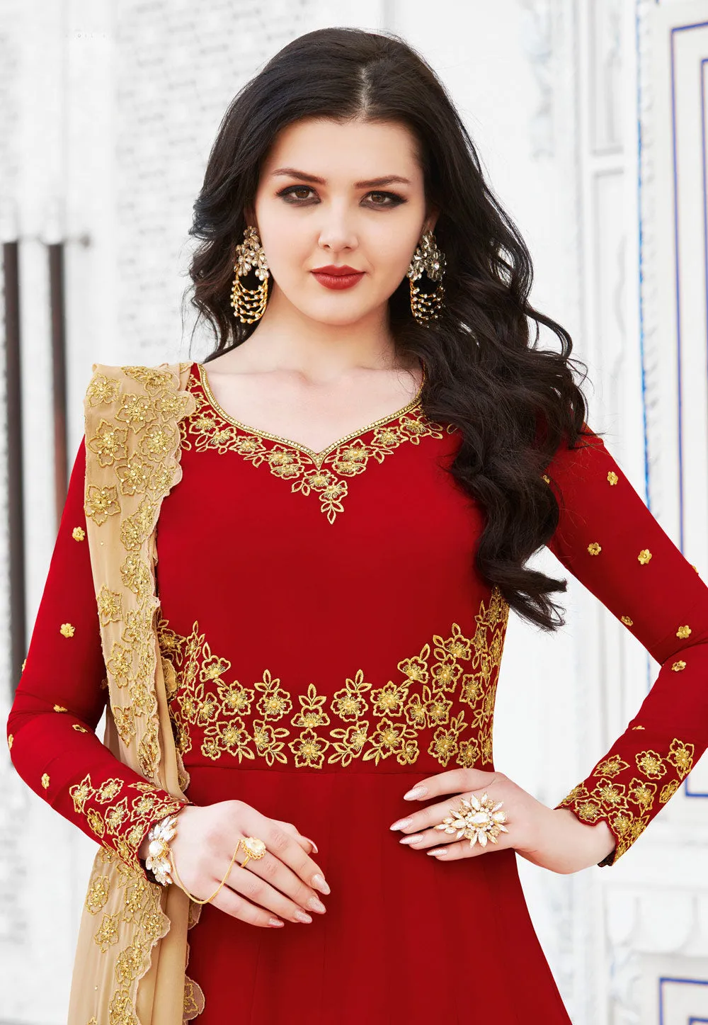 Red And Golden Embroidered Flared Anarkali Suit